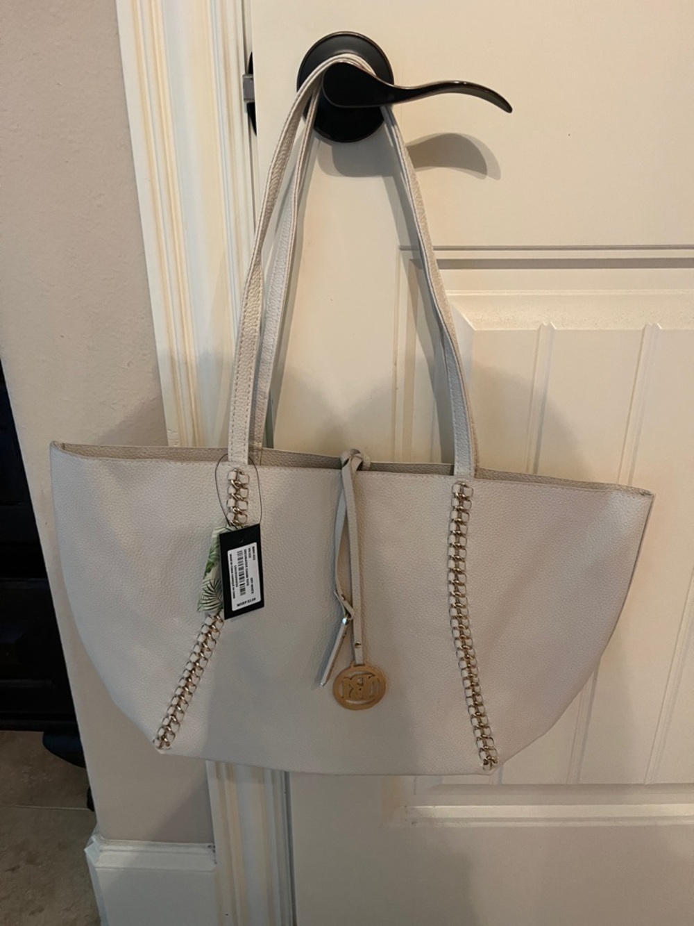 Badgley Mischka Cream Tote with Chain-Trim and Logo Charm